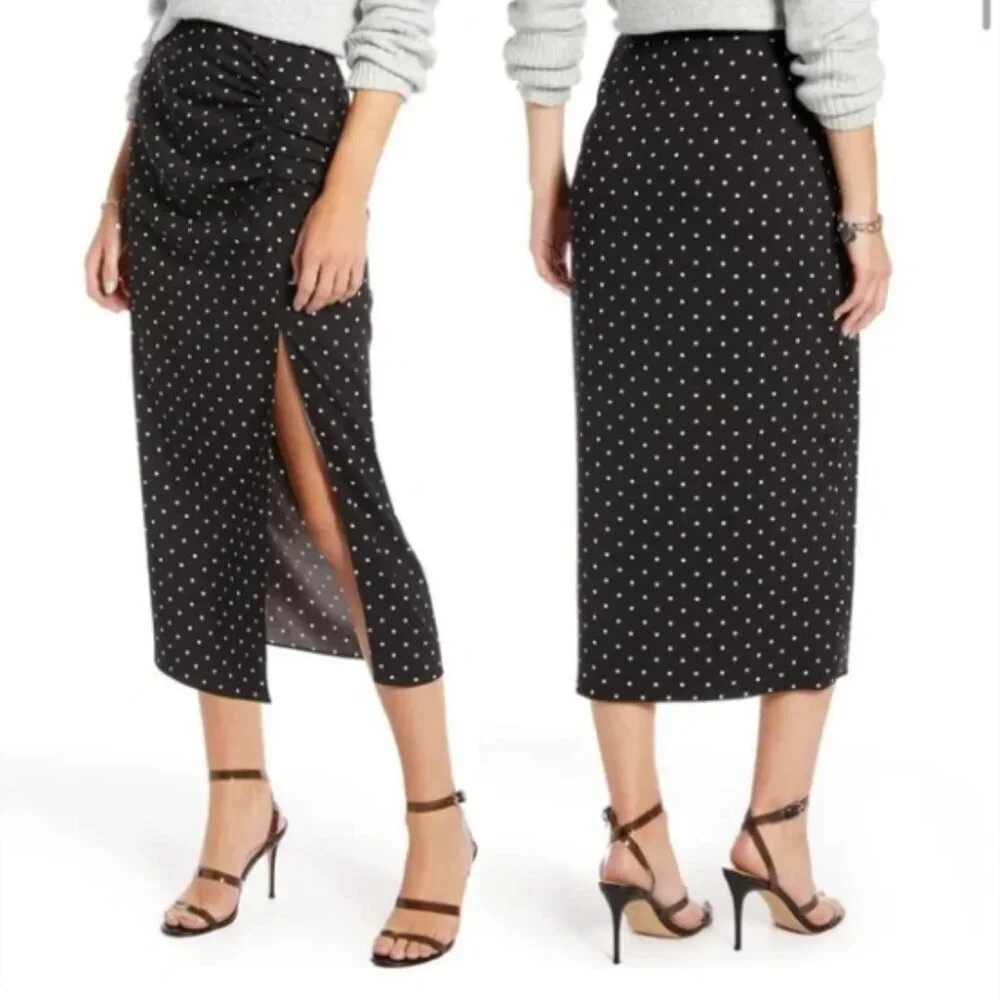 NWOT - Something Navy Rouched Midi Slip Skirt Black w. White Polka Dot - Size S